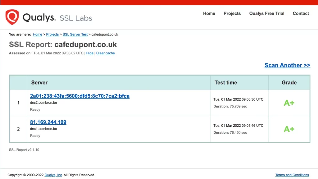 Screendump findings SSL Labs on the website of Cafe de Pont.